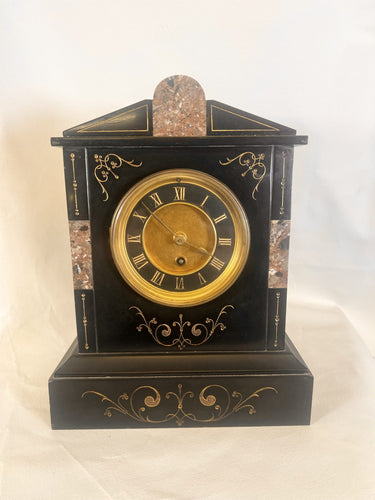A Victorian Black Slate Mantel Clock Timepiece With Skeletonised Dial Bearing Gilt Roman Numerals