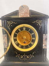 Load image into Gallery viewer, A Victorian Black Slate Mantel Clock Timepiece With Skeletonised Dial Bearing Gilt Roman Numerals
