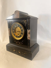 Load image into Gallery viewer, A Victorian Black Slate Mantel Clock Timepiece With Skeletonised Dial Bearing Gilt Roman Numerals