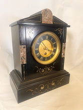 Load image into Gallery viewer, A Victorian Black Slate Mantel Clock Timepiece With Skeletonised Dial Bearing Gilt Roman Numerals