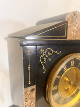 Load image into Gallery viewer, A Victorian Black Slate Mantel Clock Timepiece With Skeletonised Dial Bearing Gilt Roman Numerals