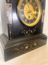 Load image into Gallery viewer, A Victorian Black Slate Mantel Clock Timepiece With Skeletonised Dial Bearing Gilt Roman Numerals