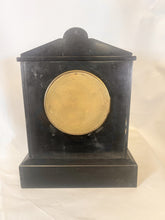 Load image into Gallery viewer, A Victorian Black Slate Mantel Clock Timepiece With Skeletonised Dial Bearing Gilt Roman Numerals