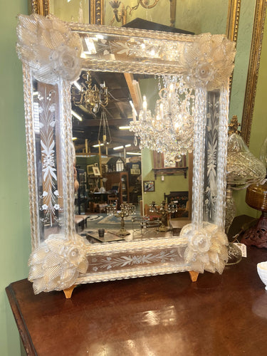 A Stunning Venetian Mirror With Etched And Cut Glass Decoration And Shaped Flowers To The Corners