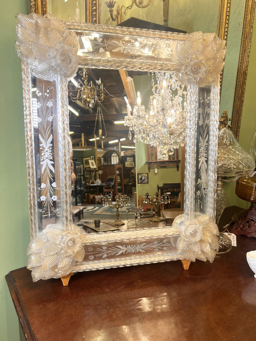 A Stunning Venetian Mirror With Etched And Cut Glass Decoration And Shaped Flowers To The Corners