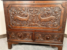 Load image into Gallery viewer, A Richly Patinated “Boarded Chest” With Small Proportions Having Elizabethan Deep Hold Carving
