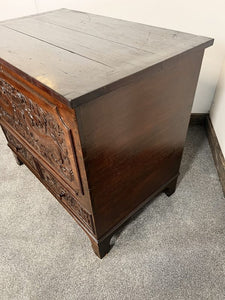 A Richly Patinated “Boarded Chest” With Small Proportions Having Elizabethan Deep Hold Carving