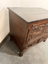 Load image into Gallery viewer, A Richly Patinated “Boarded Chest” With Small Proportions Having Elizabethan Deep Hold Carving
