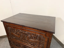 Load image into Gallery viewer, A Richly Patinated “Boarded Chest” With Small Proportions Having Elizabethan Deep Hold Carving