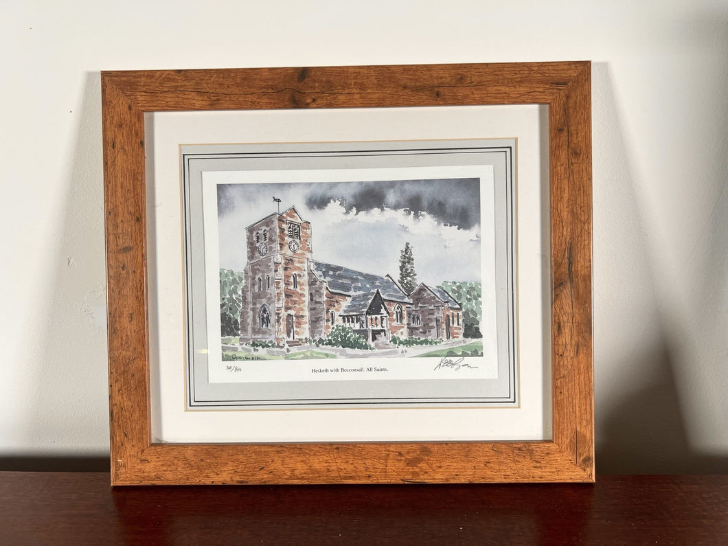 WED Ryan Watercolour Of Hesketh With Becconsall All Saints Church Pencil Signed