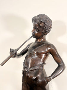 A Large Bronze Sculpture “Boy Playing The Flute” After The Work Of Sculpture Auguste Moreau (French, 1834-1917)