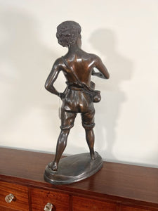 A Large Bronze Sculpture “Boy Playing The Flute” After The Work Of Sculpture Auguste Moreau (French, 1834-1917)