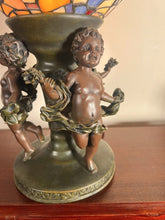 Load image into Gallery viewer, A Widdop Bingham And Co Bronze Figural Table Lamp With Tiffany Stained Glass Shade