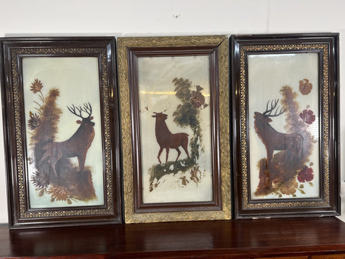 Three Victorian Milk Glass Paintings Of Stags
