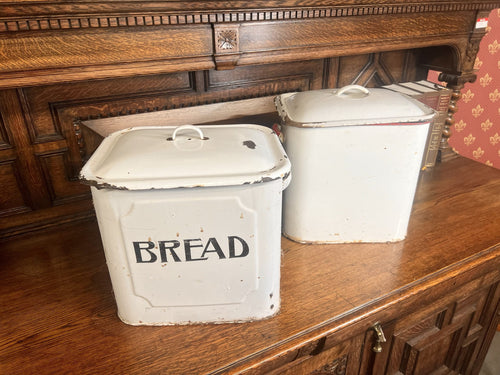 Two Large 1930’s Enamel Bread Bins One Edged In Blue And One Red