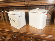 Load image into Gallery viewer, Two Large 1930’s Enamel Bread Bins One Edged In Blue And One Red