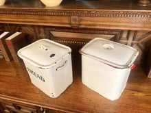 Load image into Gallery viewer, Two Large 1930’s Enamel Bread Bins One Edged In Blue And One Red