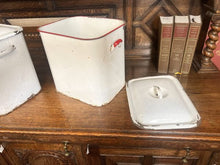 Load image into Gallery viewer, Two Large 1930’s Enamel Bread Bins One Edged In Blue And One Red