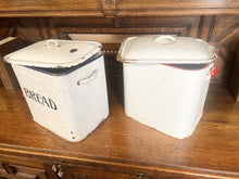 Load image into Gallery viewer, Two Large 1930’s Enamel Bread Bins One Edged In Blue And One Red
