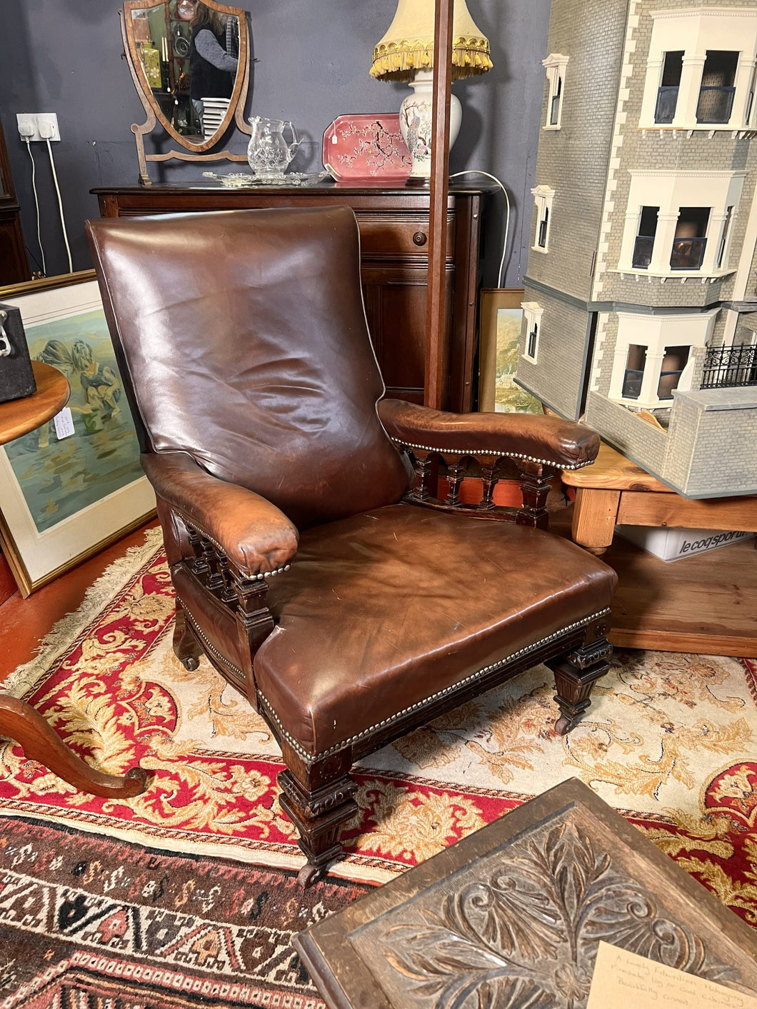 Elegant Solid Beech Library Chair — Leather Upholstery, Carved Legs And Ceramic Castors