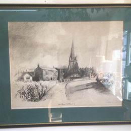 Pencil signed drawing of Sefton Church St Helens by John Fowell