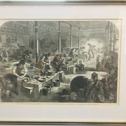 Beautiful vintage copper etching by M Jackson depicting a razor grinding workshop