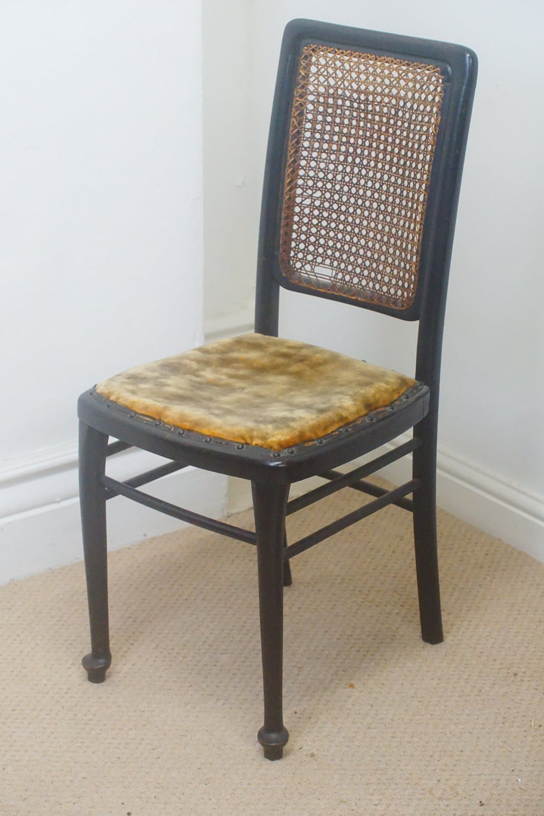 Ebonised bedroom chair with a Bergère Reed back and padded seat in great condition