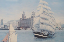 Load image into Gallery viewer, Painting by B M Holland Liverpool Skyline, with four ships under sail