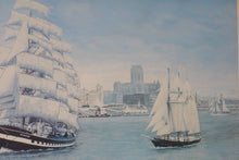 Load image into Gallery viewer, Painting by B M Holland Liverpool Skyline, with four ships under sail