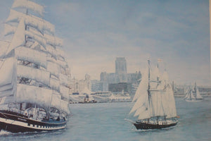 Painting by B M Holland Liverpool Skyline, with four ships under sail