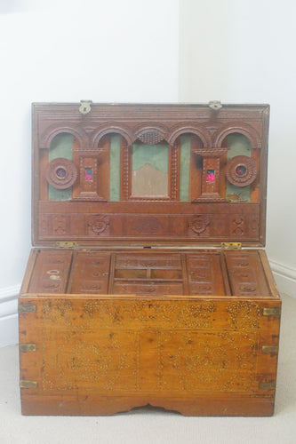 The most fantastic huge vintage teak wedding chest, beautifully inlaid with decorative brass inlay