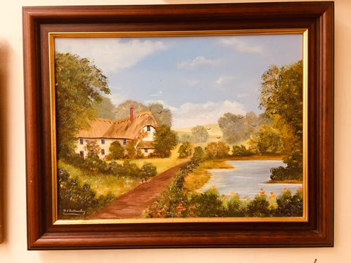 Original Oil on canvas beautifully painted picture of a thatched cottage on a riverbank signed D J Bothamy,