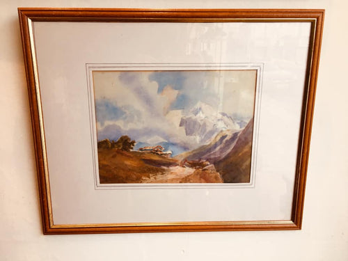 Gorgeous Vintage Original Watercolour depicting a continental mountain scene with a stunning sky