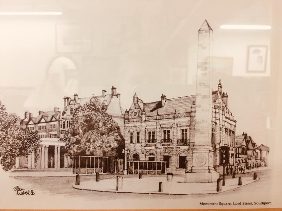 Original pen drawing of Southport’s Monument Square by Alan Lubfall