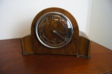 Load image into Gallery viewer, Antique mahogany art deco mantle clock by Perivale C1929 with Westminster chime