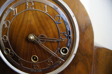 Load image into Gallery viewer, Antique mahogany art deco mantle clock by Perivale C1929 with Westminster chime